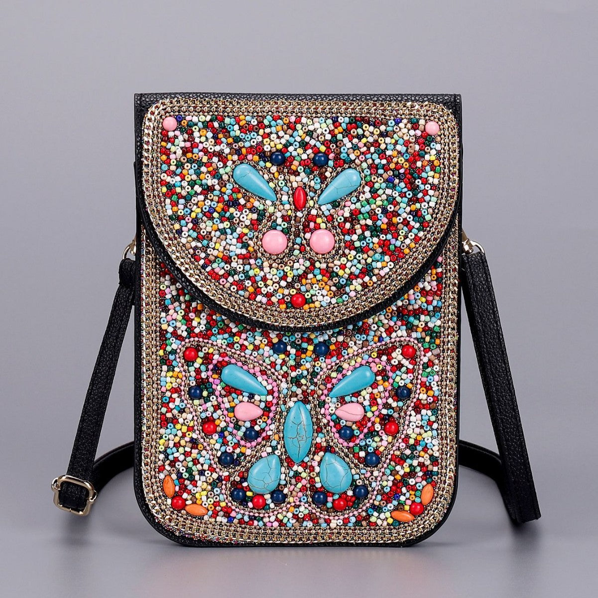 Women Ethnic Style Beaded Crossbody Bag, Handmade Turquoise Red Phone Bag