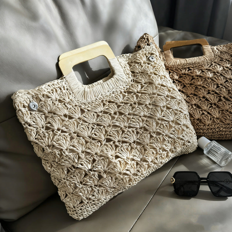 Women Solid Color Wooden Handle Straw Woven Bag, Summer Beach Handmade Fashion Bag