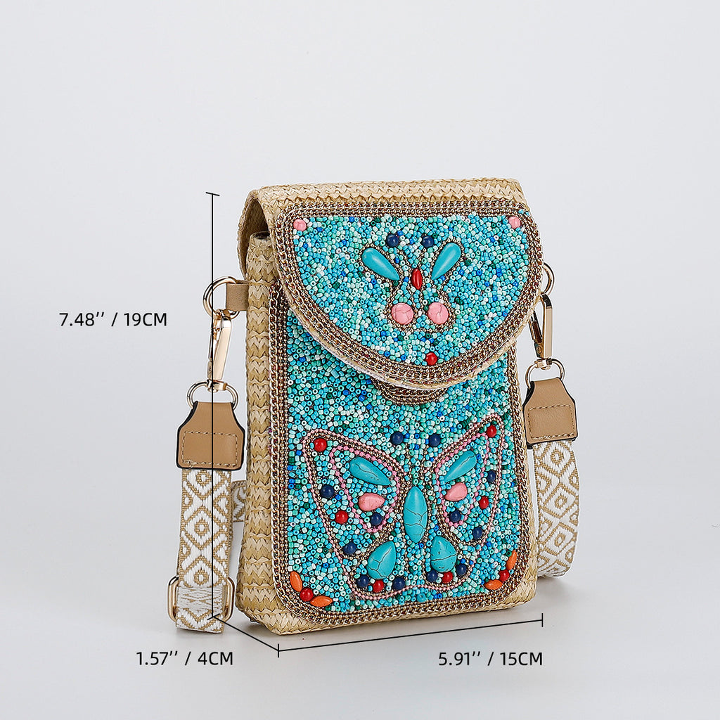 Women Luxury Straw Crossbody Bag, Fashion Beaded Woven Phone Shoulder Bag