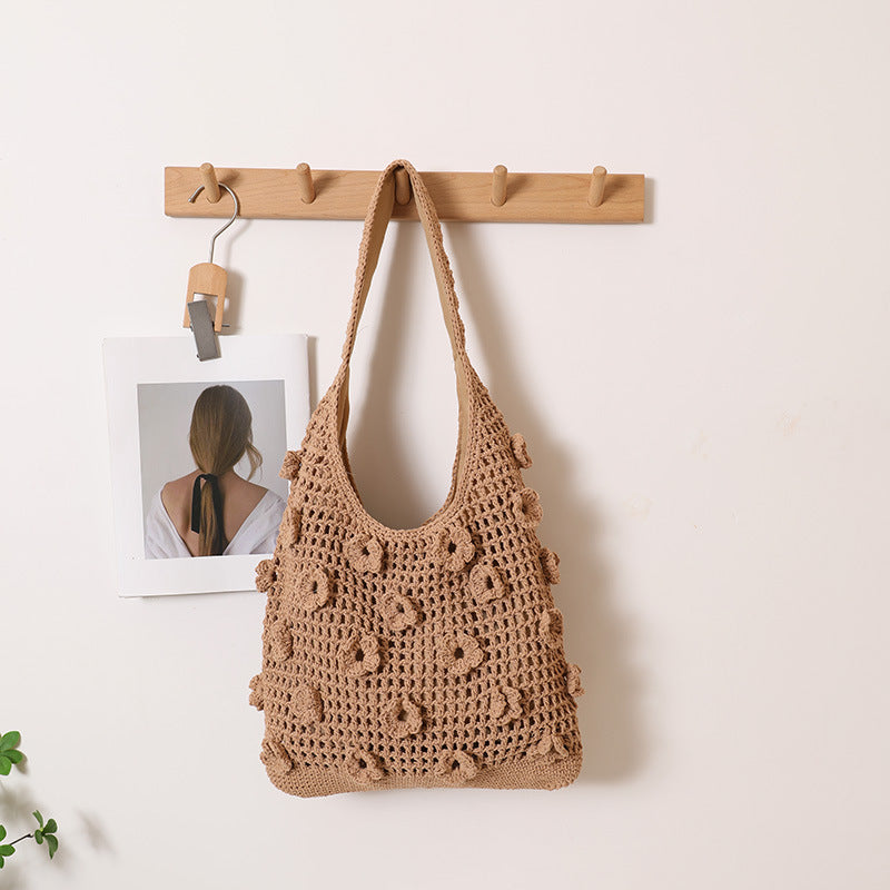 Large Capacity Flower Cotton Woven Straw Beach Bag