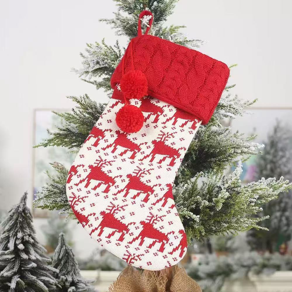 Christmas Knitted Reindeer Snowflake Pom Pom Stockings