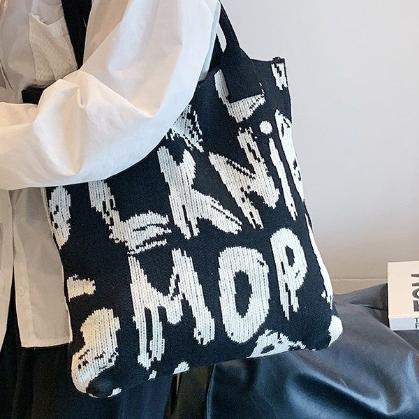 Graphic Letter Knit Tote with Reinforced Straps