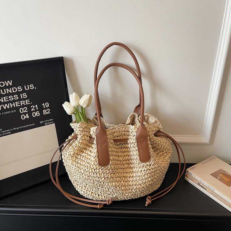 Women 2026 New Shoulder Straw Large Handmade Woven Beach Daily Bag