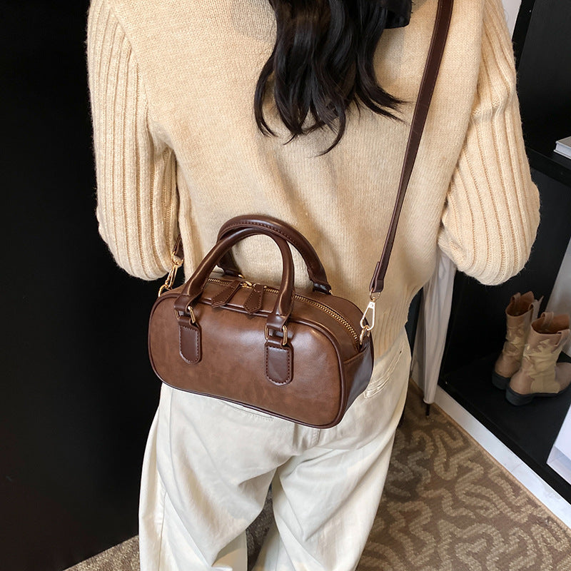 Mini Boston Bag PU Leather Handbag with Detachable Crossbody Strap