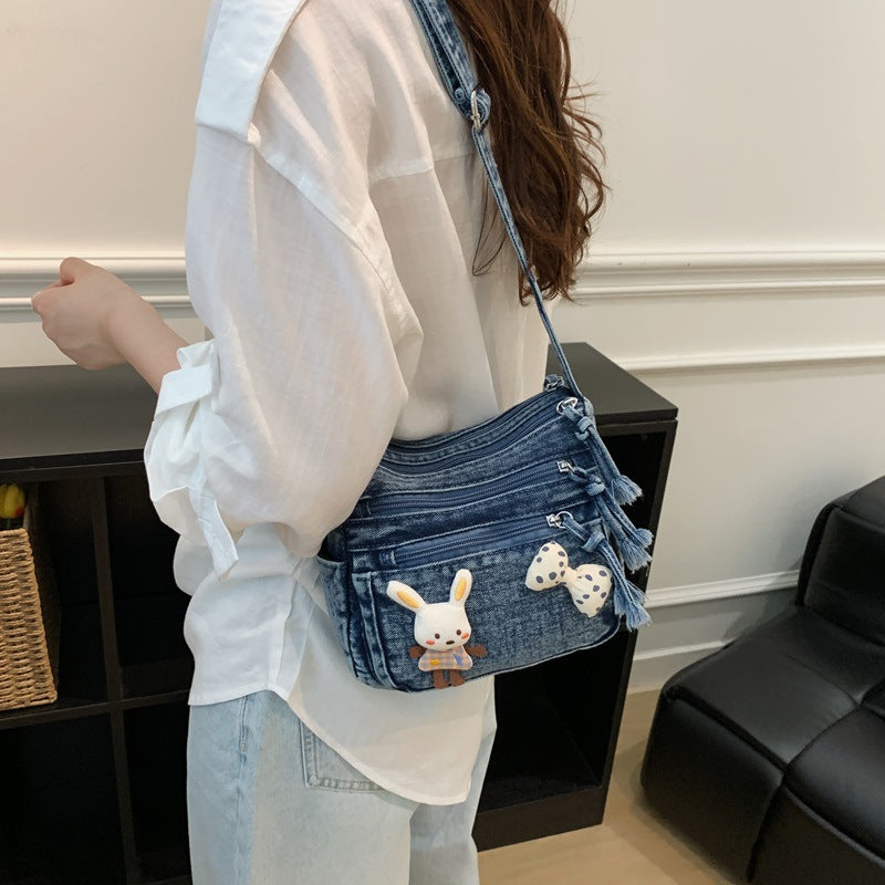 Cute Bunny Denim Crossbody Bag with Multiple Zipper Pockets