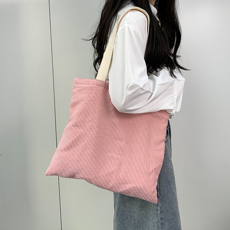 2026 Women Color Block Striped Canvas Tote Bag
