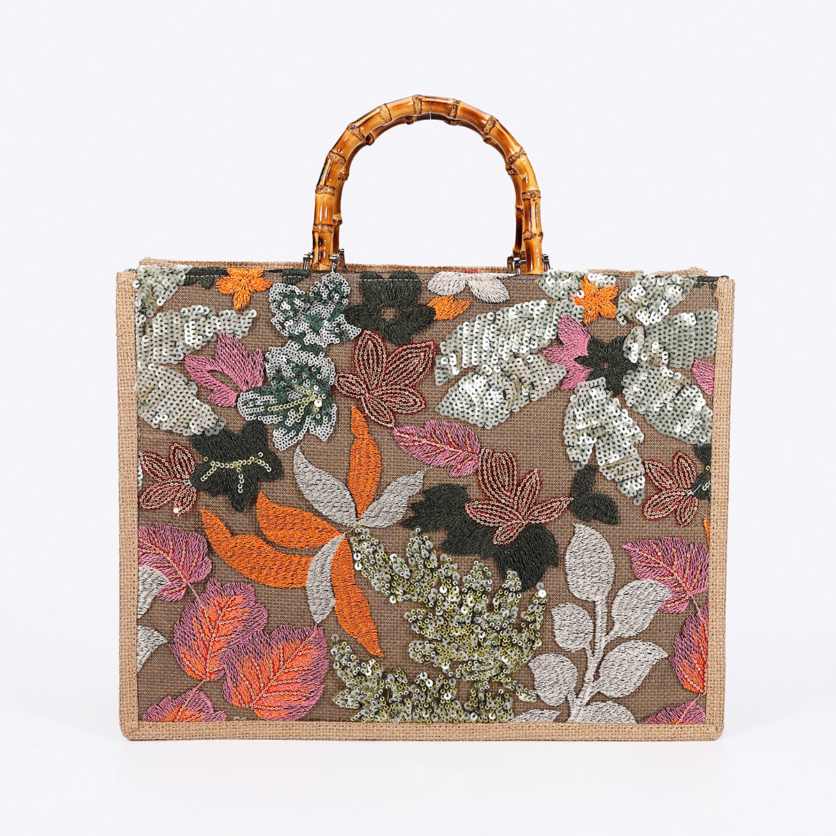 Women Bamboo Woven Straw Tote Bag, Sequin Large Capacity Handbag