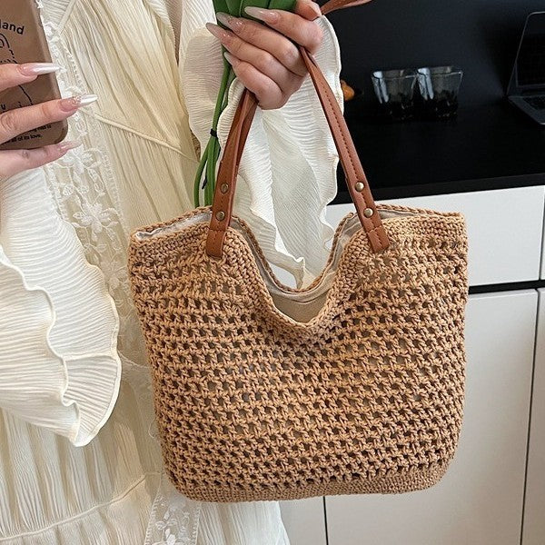 Women Summer New Woven Exquisite Bucket Shoulder Large Straw Bag