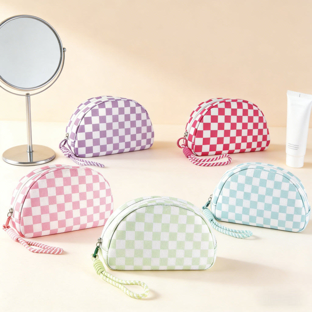 Polyester Checkered Tassel Clutch Waterproof Travel Cosmetic Bag