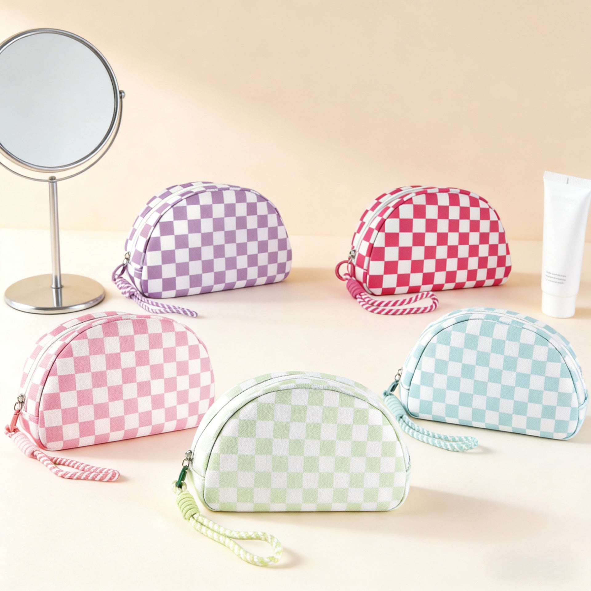 Polyester Checkered Tassel Clutch Waterproof Travel Cosmetic Bag