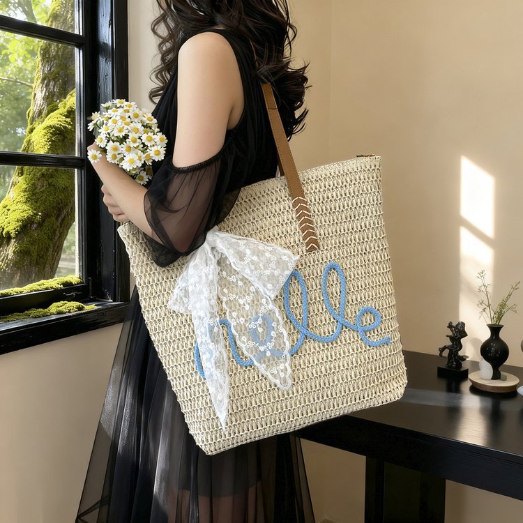 Beach Travel Straw 2026 New Fashion Letter Woven Shoulder Large Bag