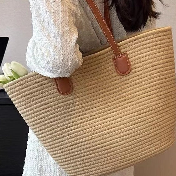 Women Cotton Rope Straw Large Korean Style New Woven Shoulder Tote Bag