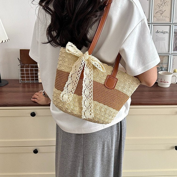 Artistic Vacation Fashion Shoulder Beach 2026 New Color Block Underarm Woven Straw Bag