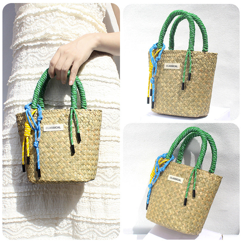 Handmade Colorful Straw Woven Beach Basket Bag