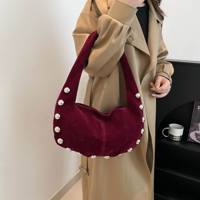 Suede Studded Hobo Shoulder Bag