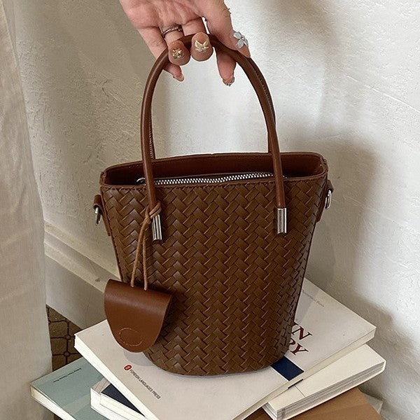 Woven Bucket Bag with Detachable Strap and Zipper