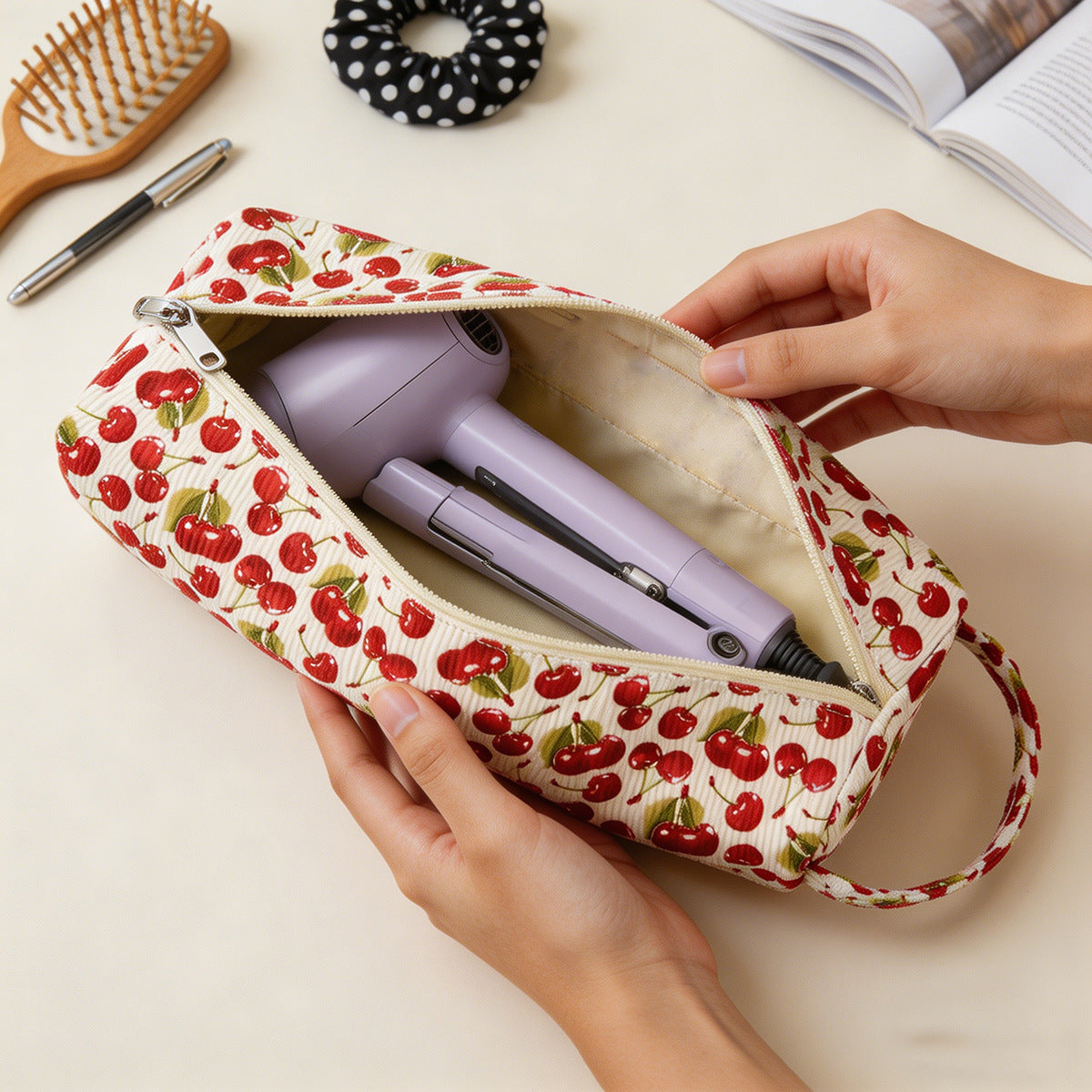 Corduroy Printed Waterproof Hair Dryer and Curling Iron Storage Bag