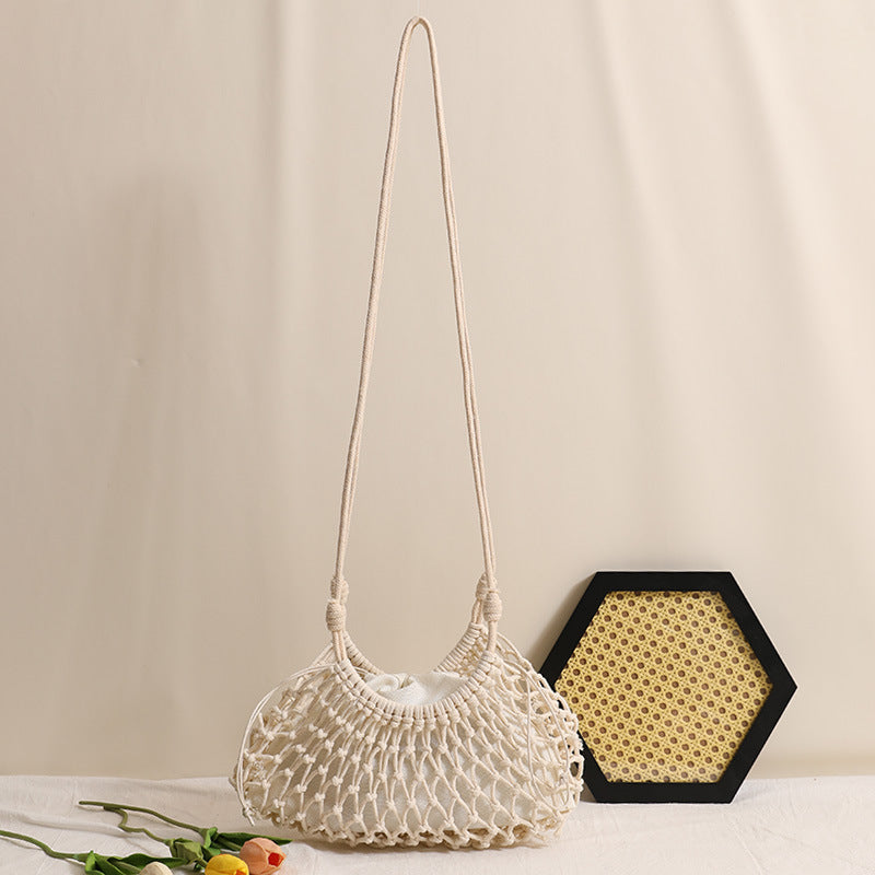 Solid Color Cotton Crossbody Hollow Mesh Straw Beach Bag