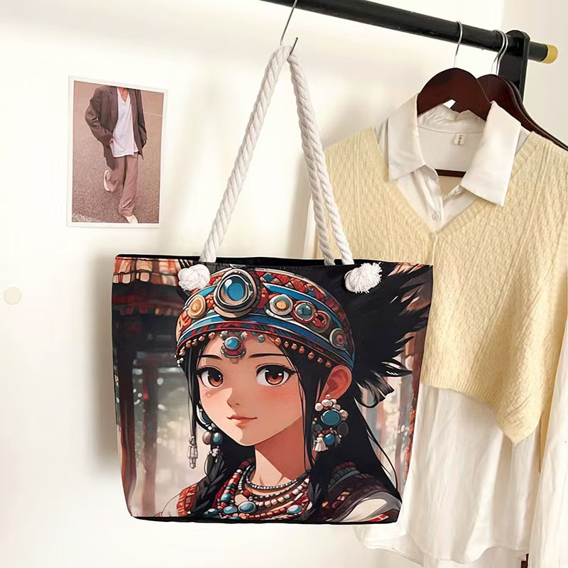 High-End Ethnic Canvas Hemp Rope Armpit Tote