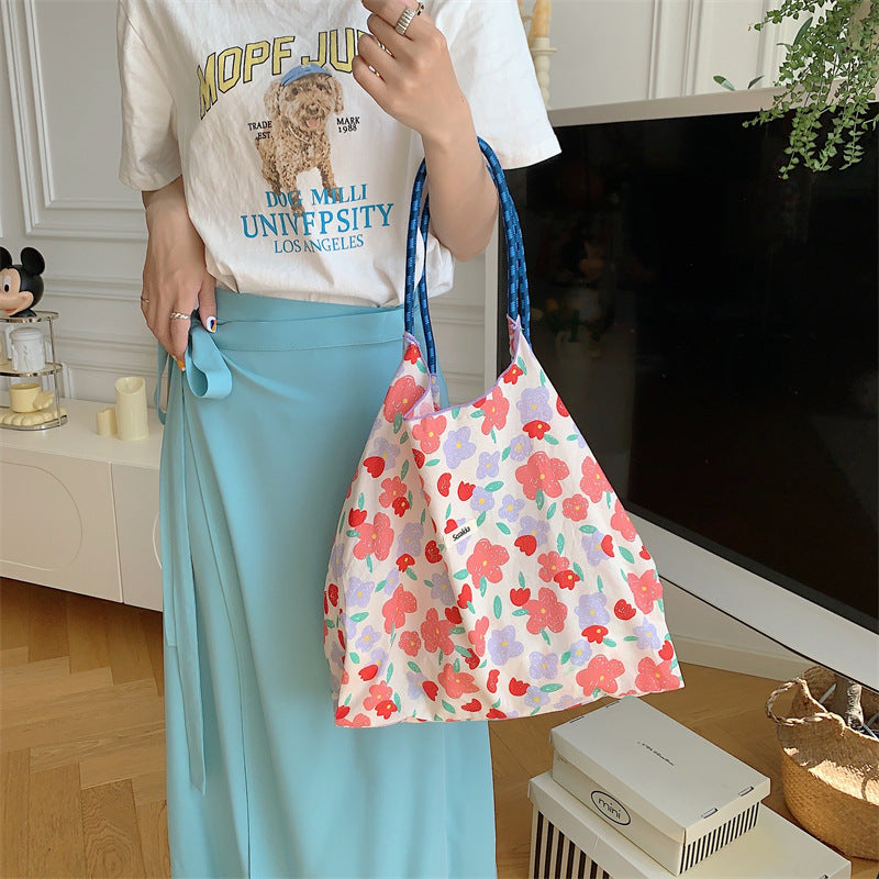 Korean Large Capacity Drawstring Floral Tote Bag