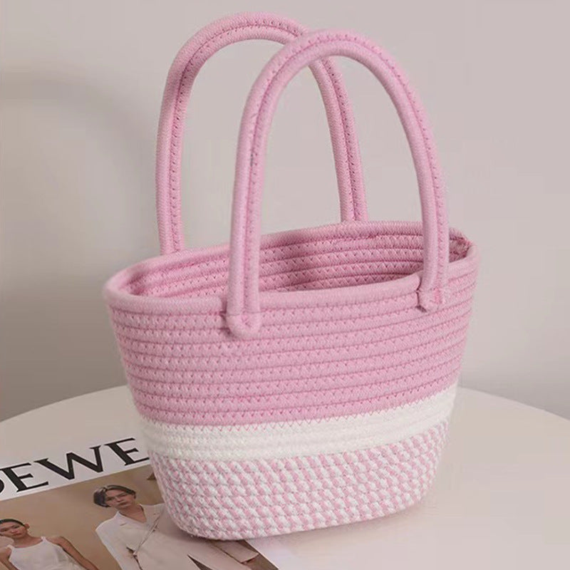 Retro Striped Cotton Woven Straw Detail Vacation Beach Handheld Basket Bag