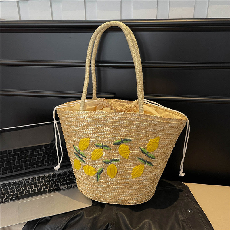 Lazy Casual Heavy Embroidery Hand-Woven Straw Shoulder Tote Bag