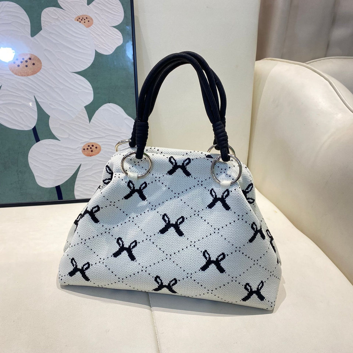 Retro Houndstooth Knitted Dumpling Style Tote Handbag