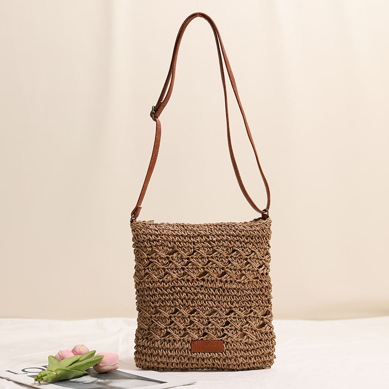 Hollow Crossbody Straw Vertical Woven Beach Bag
