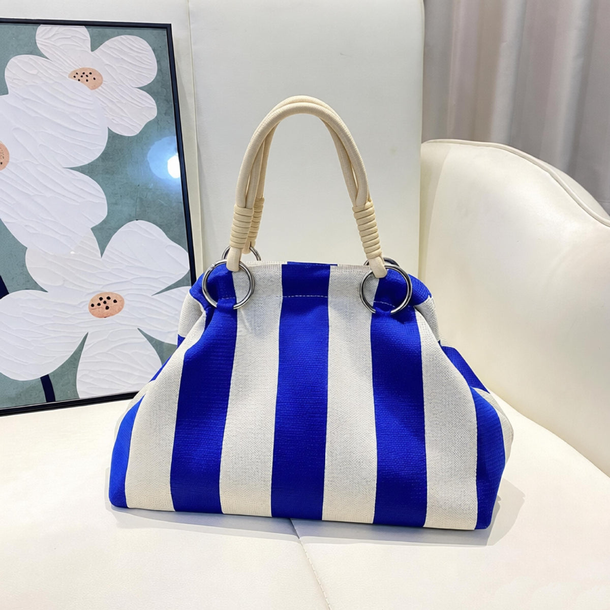 Geometric Woven Rope Handle Dumpling Top Handle Bag