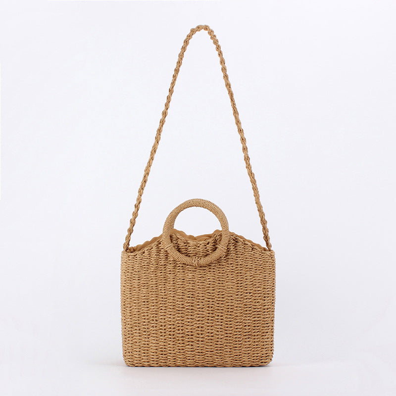Women Solid Color Woven Beach Bag, Round Handle 2-in-1 Shoulder Handbag