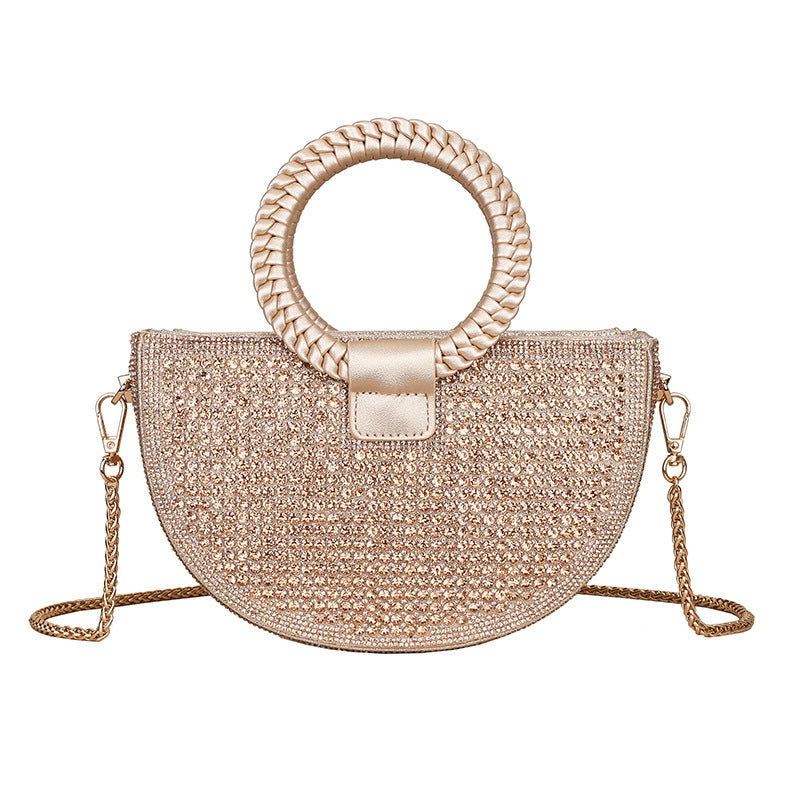 Rhinestone Embellished Half Moon Handbag with Braided Round Handles