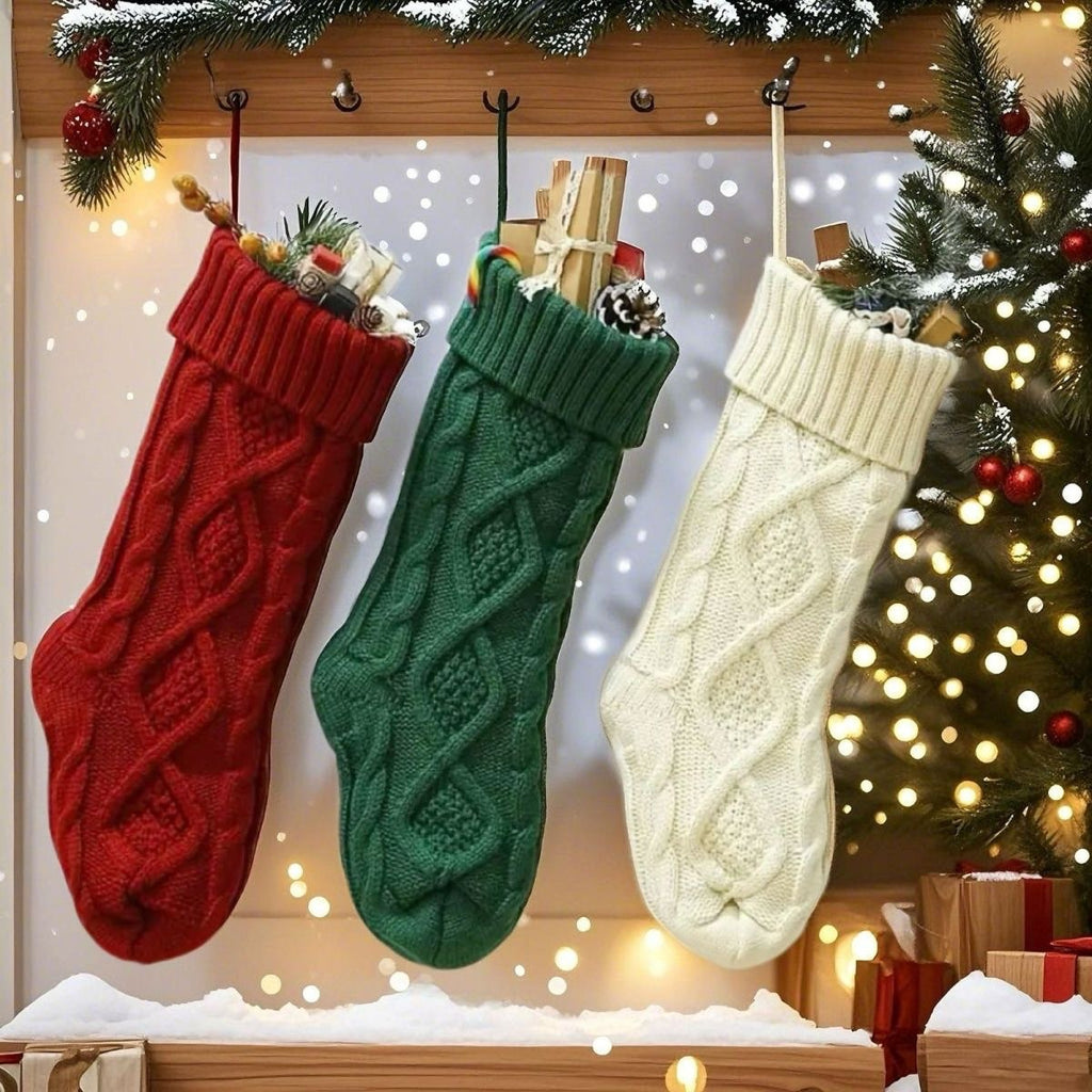 Christmas Classic Diamond Pattern Cable Knit Stockings