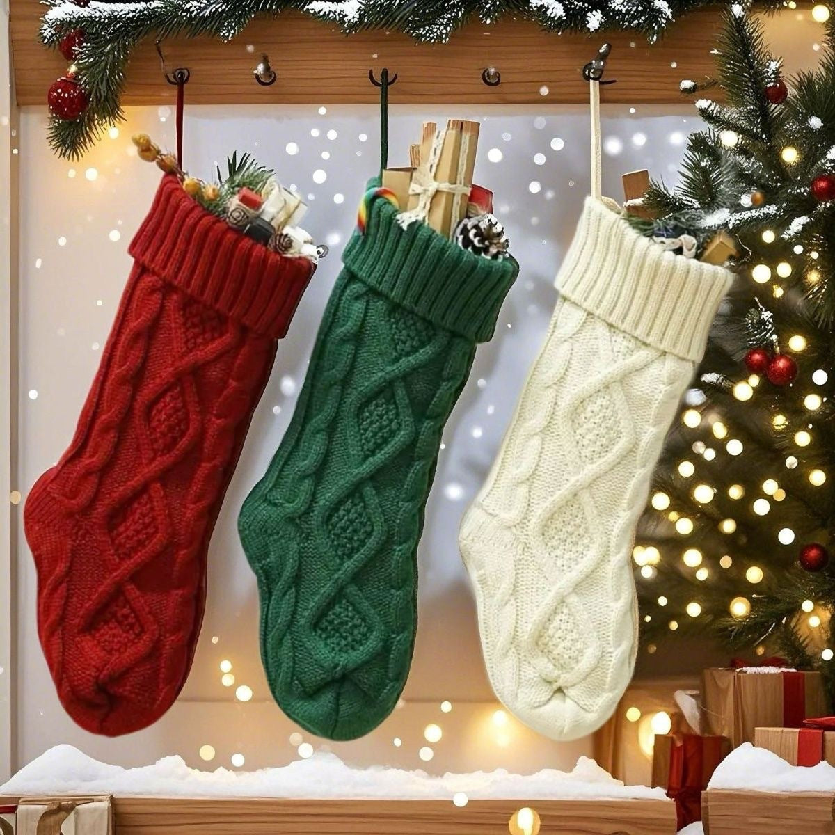 Christmas Classic Diamond Pattern Cable Knit Stockings