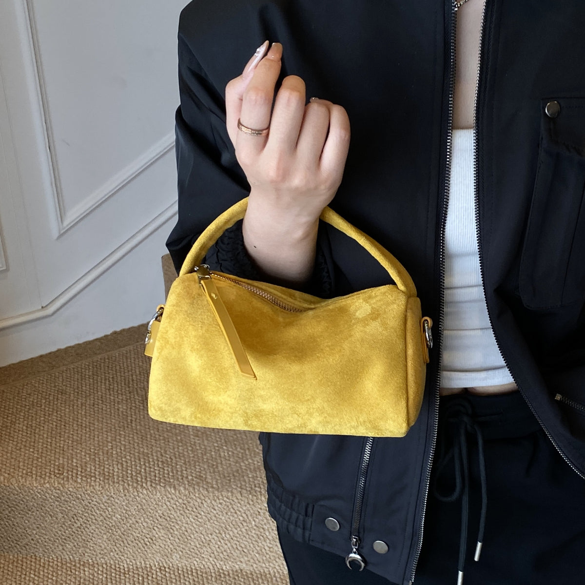 Vintage Faux Suede Mini Boston Handbag with Detachable Strap