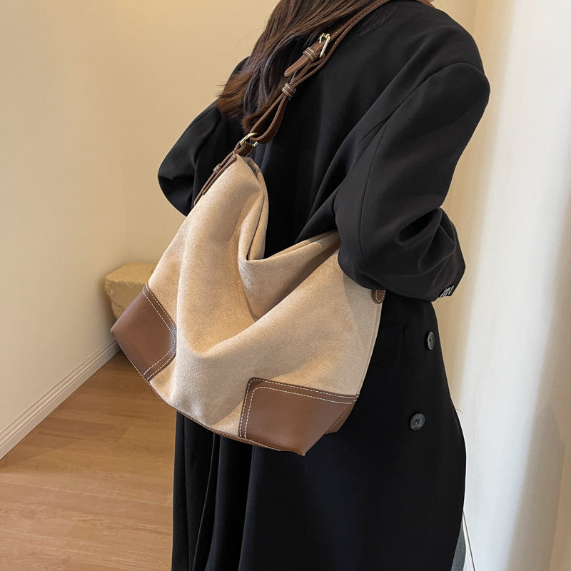 Vintage Suede Hobo Shoulder Bag with PU Leather Accents
