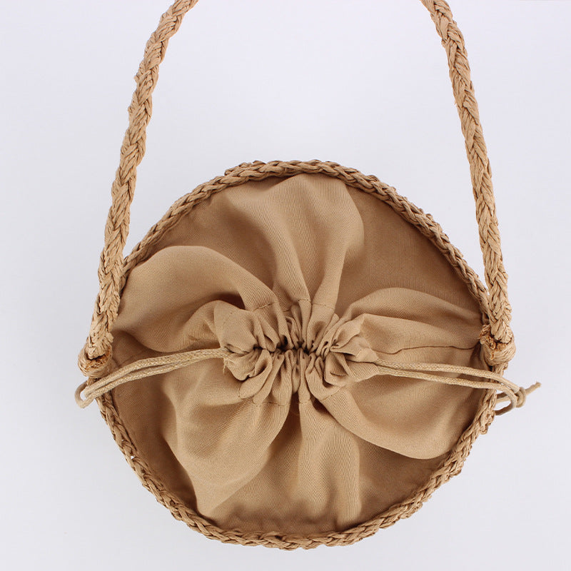 Women Cylindrical Paper Rope Woven Bucket Beach Vacation Handbag