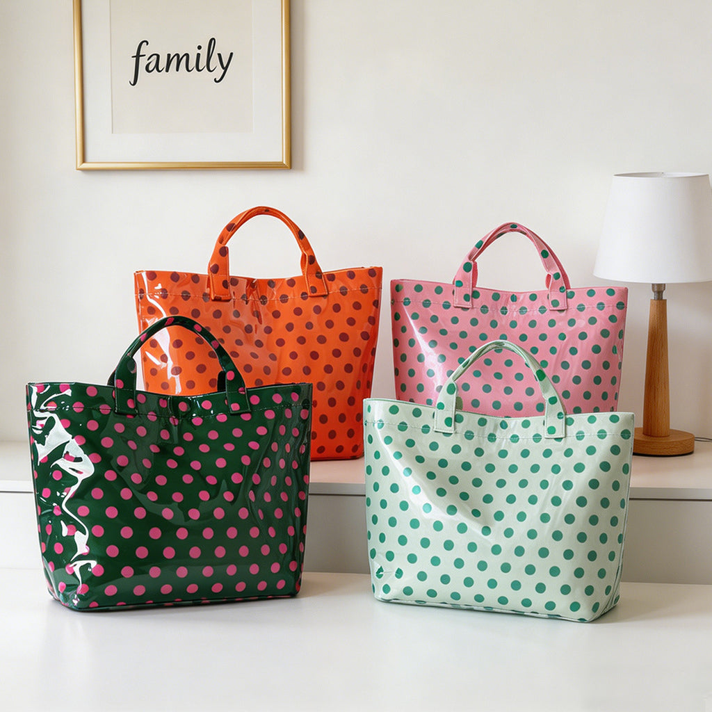 Polka Dot Contrast Color Tote Bag Waterproof Pvc Large Capacity Handbag Women'S Travel Storage Large Capacity Tote Bag
