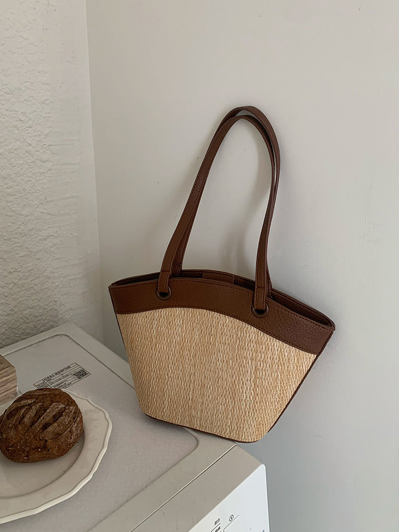 French Retro Straw Vegetable Basket Shoulder Woven Beach Bag