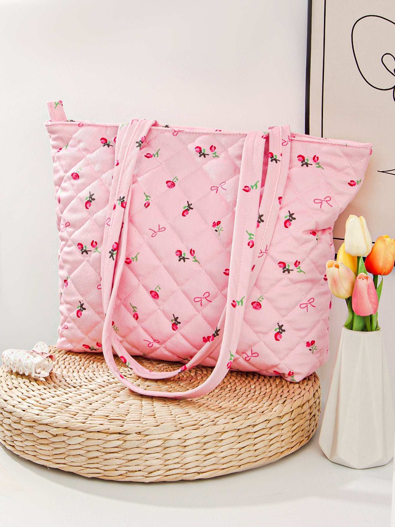 Quilted Cotton Flower Lipstick Tote Bag