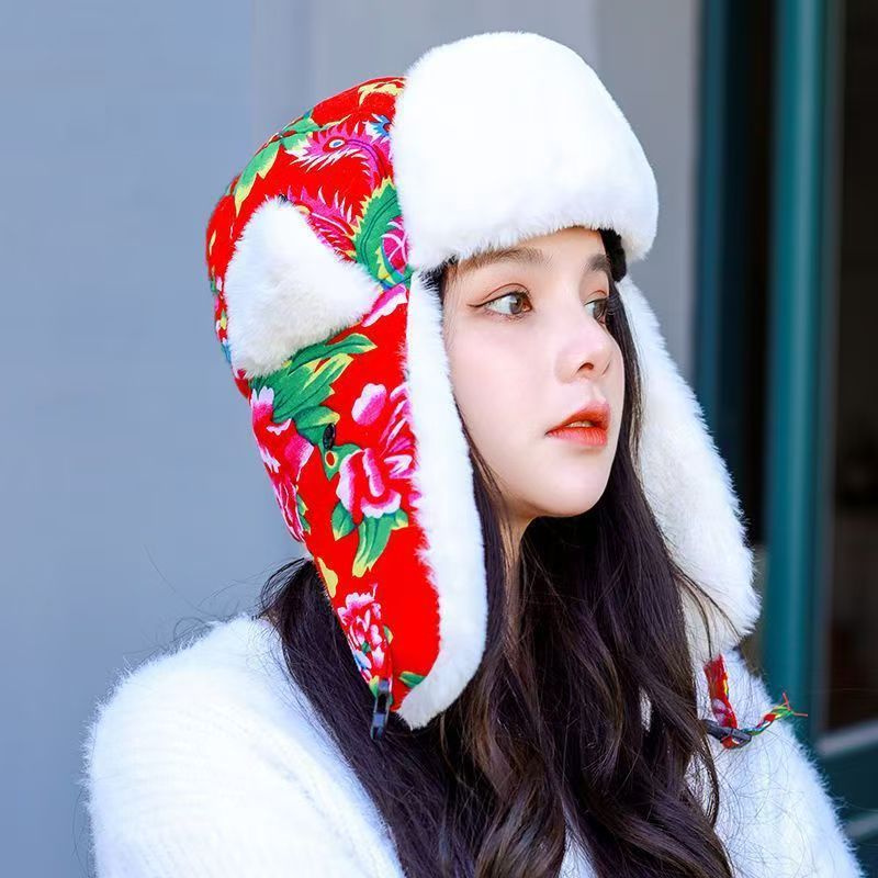 Quilted Winter Floral Plush Ear Flaps Trapper Hat