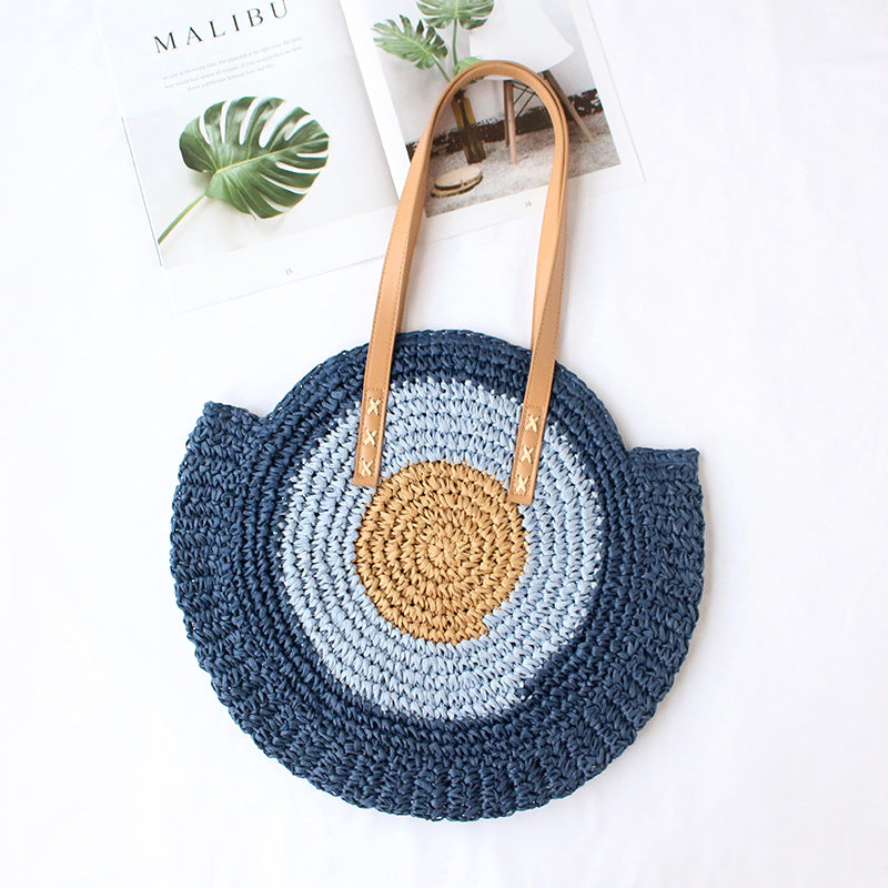 Women Color-Block Shoulder Handmade Woven Straw Beach Bag