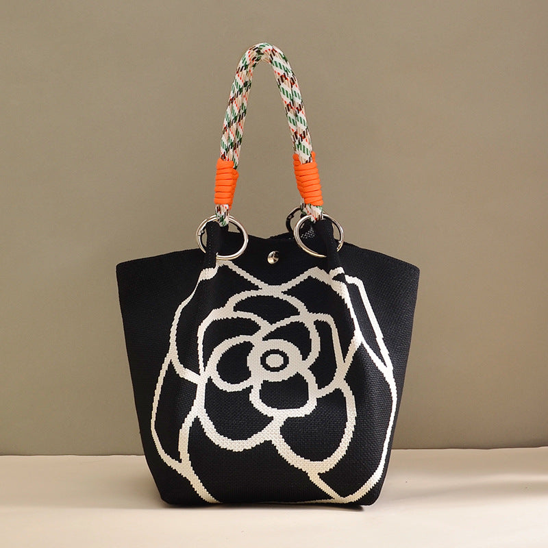 Elegant Floral Print Braided Handle Mini Bucket Handbag
