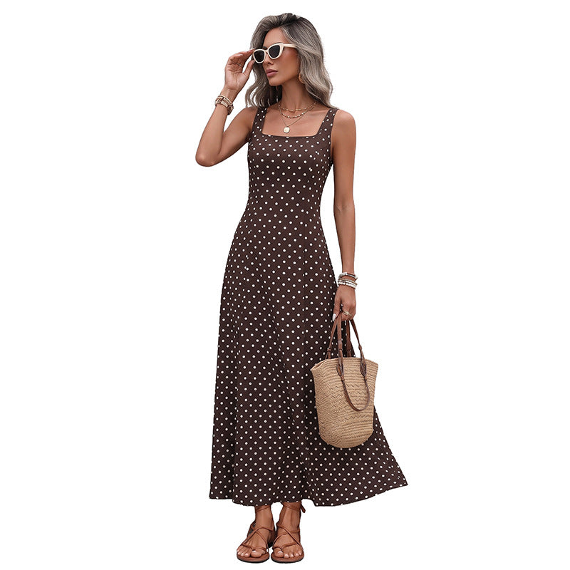 2026 Summer New Vintage Polka Dot Square Neck Waist Cinch Maxi Dress