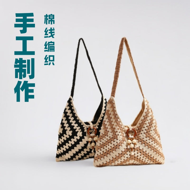 Ethnic Style One-Shoulder Cotton Woven Bag, New Color Grandmother Plaid Straw Bag, Vacation Style Beach Bag, Versatile Women'S Bag