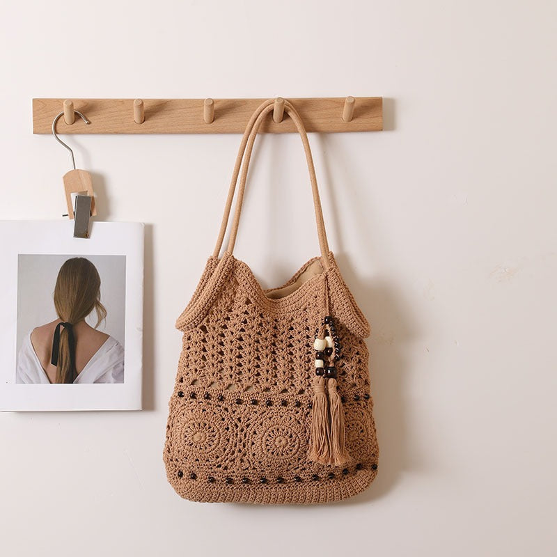 Wooden Beads Tassel Cotton Woven Hollow Straw Beach Bag