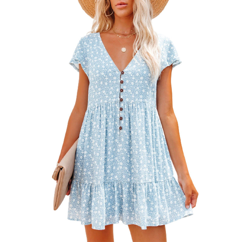 V-Neck Button Floral Short-Sleeve Loose Casual Dress