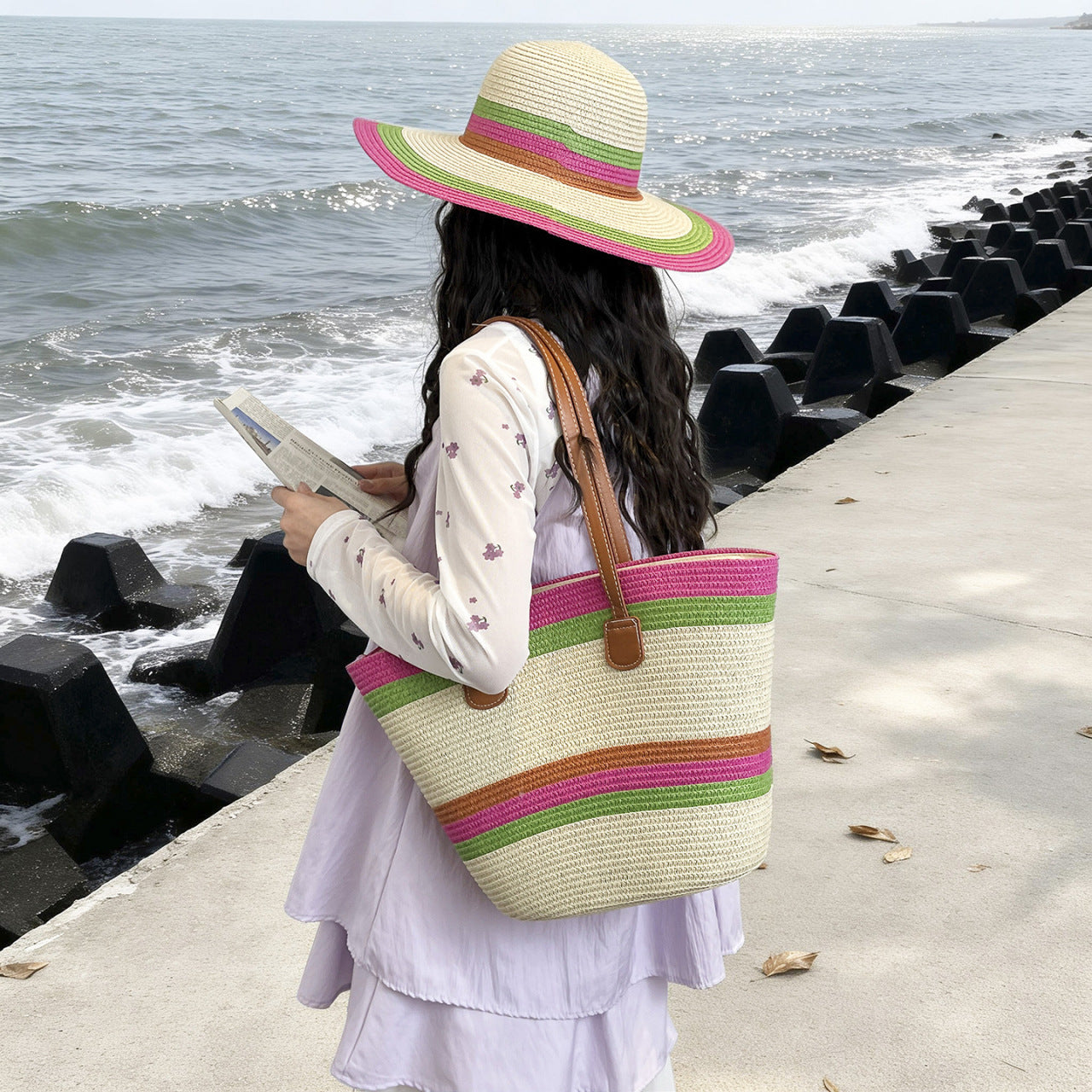Color-Block Striped Large Capacity Straw Beach Tote
