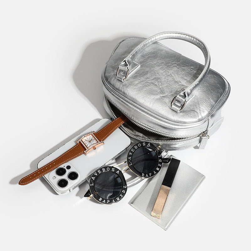 Metallic Mini Silver PU Leather Crossbody Boston Bag