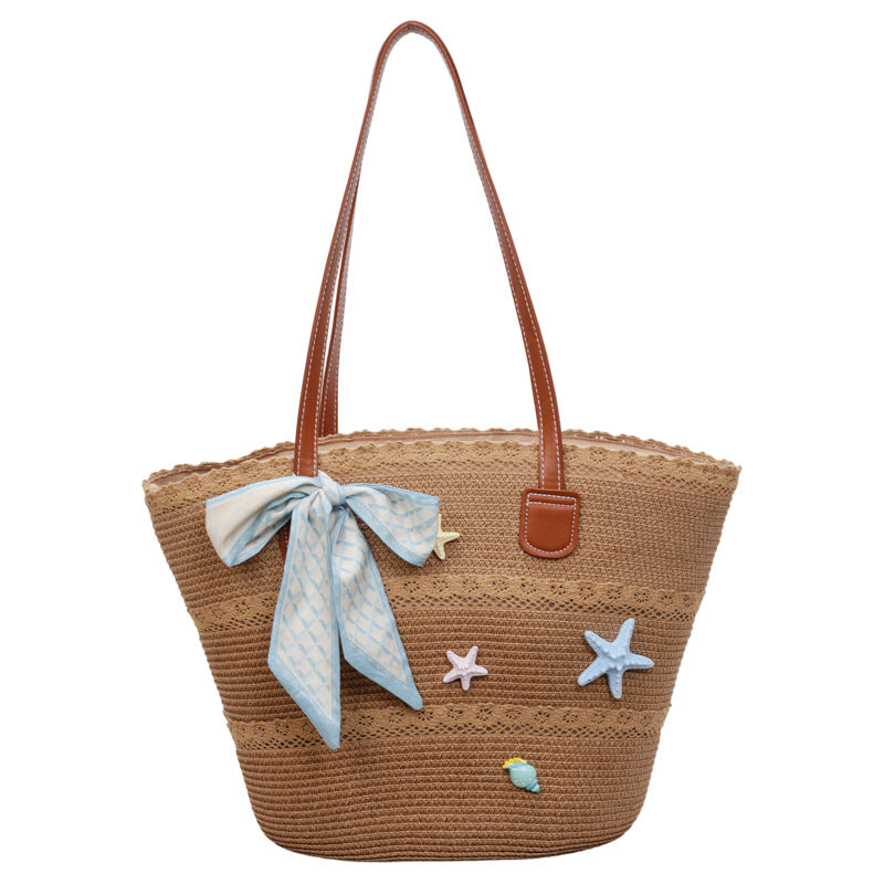 Women New Straw Picnic Woven Beach Handheld Tote Bag