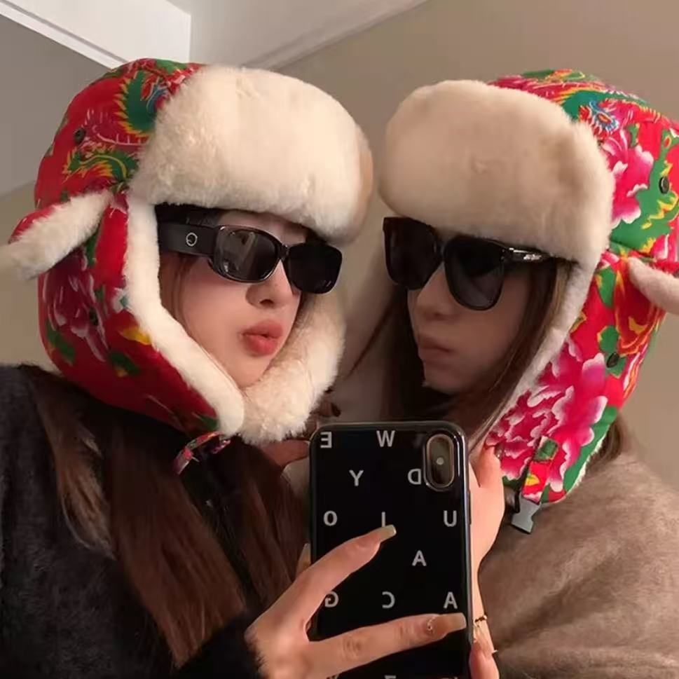 Quilted Winter Floral Plush Ear Flaps Trapper Hat